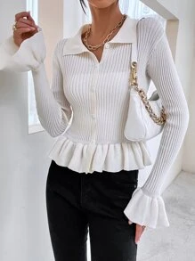 SHEIN Unity Cárdigan de manga con volante bajo con fruncido tejido de canalé - Blanco - Ver 6