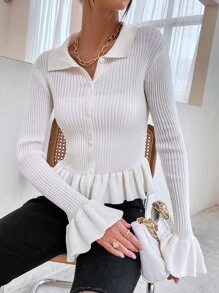 SHEIN Unity Cárdigan de manga con volante bajo con fruncido tejido de canalé - Blanco - Ver 7