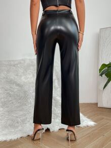 SHEIN PETITE High Waist PU Leather Straight Legs Black Pants - Black - View 3