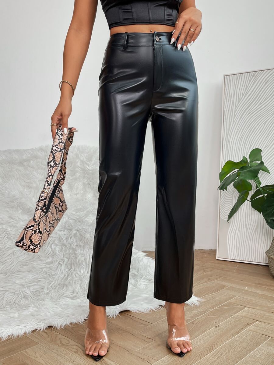SHEIN PETITE High Waist PU Leather Straight Legs Black Pants - Black - View 1
