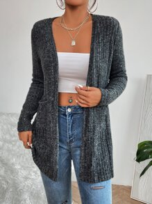 SHEIN PETITE Marled Knit Open Front Coat In Fall/Winter - Dark Grey - View 6