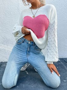 Chiquease Áo len cổ trễ vai họa tiết trái tim, thích hợp cho mùa thu đông. - trắng - Xem 4