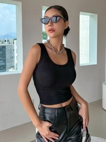 DAZY Solid Ribbed Knit Tank Top - Black - View 1