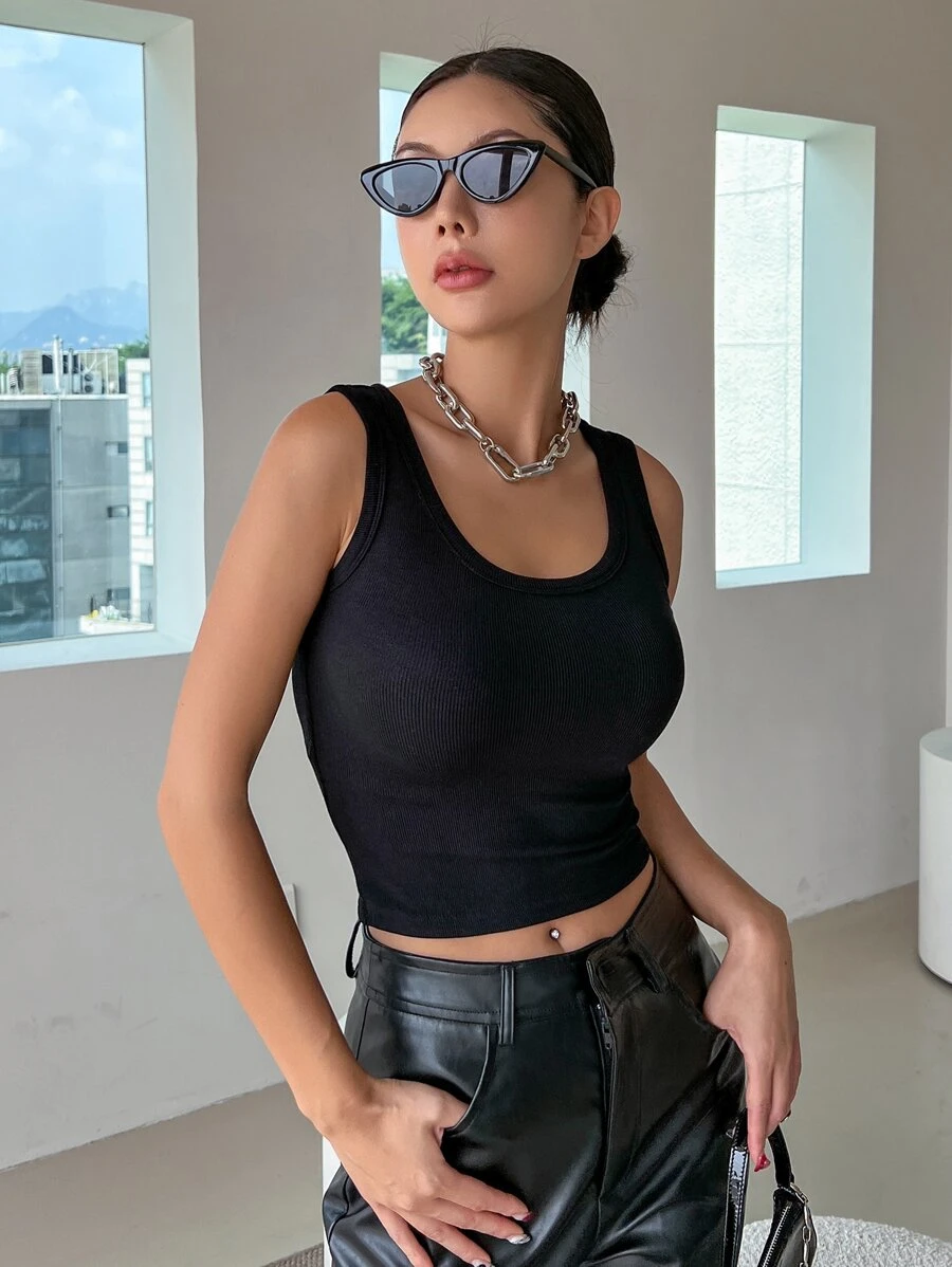 DAZY Solid Ribbed Knit Tank Top - Black - View 1