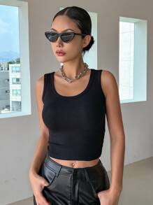 DAZY Solid Ribbed Knit Tank Top - Black - View 3