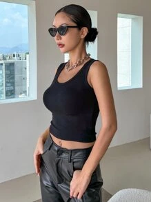 DAZY Solid Ribbed Knit Tank Top - Black - View 4