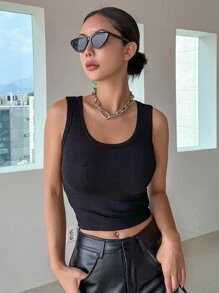 DAZY Solid Ribbed Knit Tank Top - Black - View 5