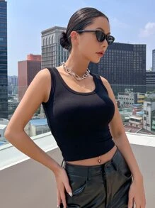 DAZY Solid Ribbed Knit Tank Top - Black - View 8