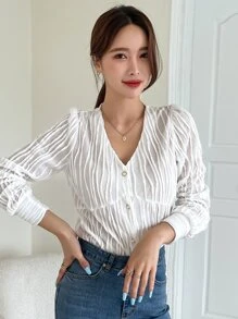 DAZY Camiseta con botón delantero de cuello V - Blanco - Ver 1