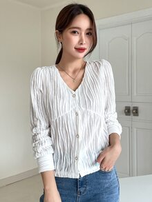 DAZY Camiseta con botón delantero de cuello V - Blanco - Ver 4