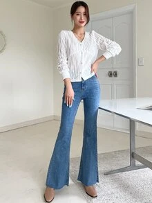 DAZY Camiseta con botón delantero de cuello V - Blanco - Ver 5