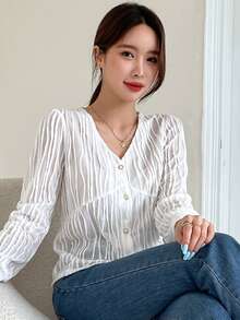 DAZY Camiseta con botón delantero de cuello V - Blanco - Ver 8
