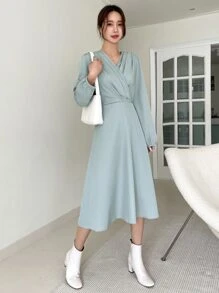 FRIFUL 女士v領提襯袖長袖連衣裙 - 薄荷綠 - 查看 1