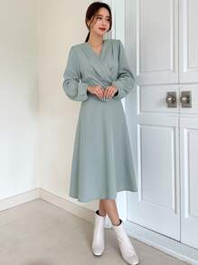 FRIFUL 女士v領提襯袖長袖連衣裙 - 薄荷綠 - 查看 7