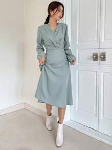 FRIFUL 女士v領提襯袖長袖連衣裙 - 薄荷綠 - 查看 8