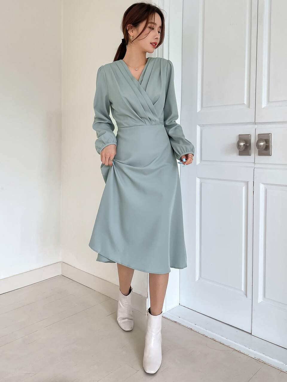 Solid Surplice Neck Bishop Sleeve A-Line Dress,Fall Clothes Long Sleeve Dress