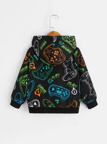 SHEIN 小男童遊戲手柄圖案連帽毛絨內襯夾克 - 黑色 - 查看 2