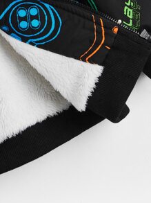 SHEIN 小男童遊戲手柄圖案連帽毛絨內襯夾克 - 黑色 - 查看 3