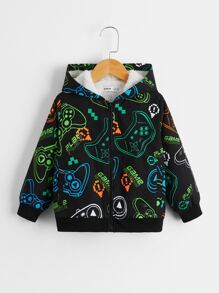 SHEIN 小男童遊戲手柄圖案連帽毛絨內襯夾克 - 黑色 - 查看 5