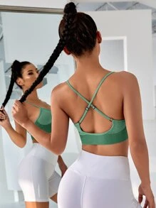 Sujetador deportivo de color combinado con tira cruzada de espalda abierta - Verde - Ver 2