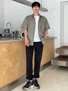 DAZY 男士補丁貼口袋落肩袖襯衫