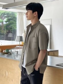 DAZY 男士補丁貼口袋落肩袖襯衫