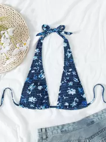 SHEIN Swim Summer Beach Ditsy Floral Smocked Halter Bikini Top - Multicolor - View 3