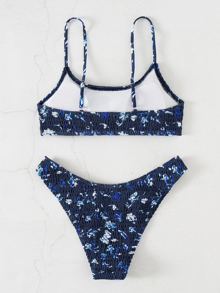 Our Random Floral Print Bikini Set Smocked Wireless Bra Top High