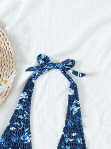 SHEIN Swim Summer Beach Ditsy Floral Smocked Halter Bikini Top - Multicolor - View 6