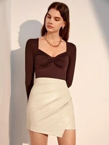 BizChic 褶邊不對稱下擺PU皮革半身裙工作服 - 杏色 - 查看 4