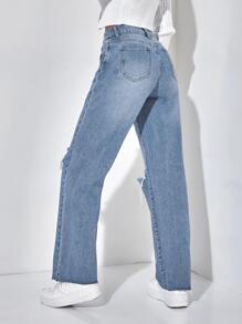SHEIN PETITE Jeans de pierna recta desgarro - Lavado ligero - Ver 2