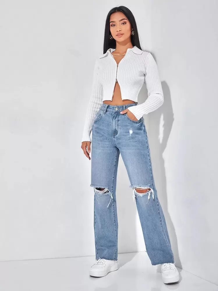SHEIN PETITE Ripped Straight Leg Jeans - Light Wash - View 5