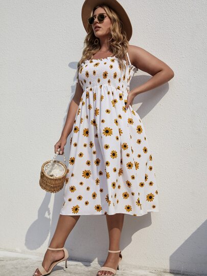 Plus Floral Print Shirred Cami Dress