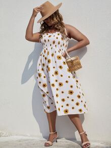 Flirla Plus Floral Print Shirred Cami Dress - White - View 4