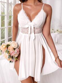 Bow Front M-Slit Hem Lace Babydoll Slips Without Panty - White - View 1