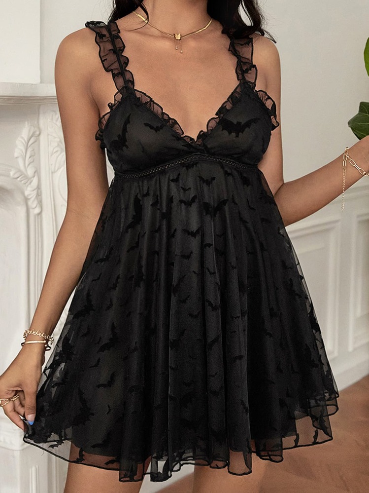 Vestido de dormir de tirantes con patrón de murciélago ribete fruncido - Negro - Añade 1