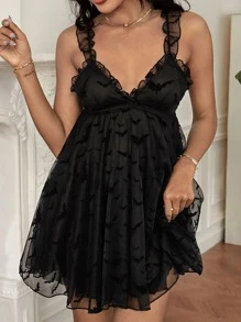 Bat Pattern Frill Trim Cami Nightdress - Black - View 5
