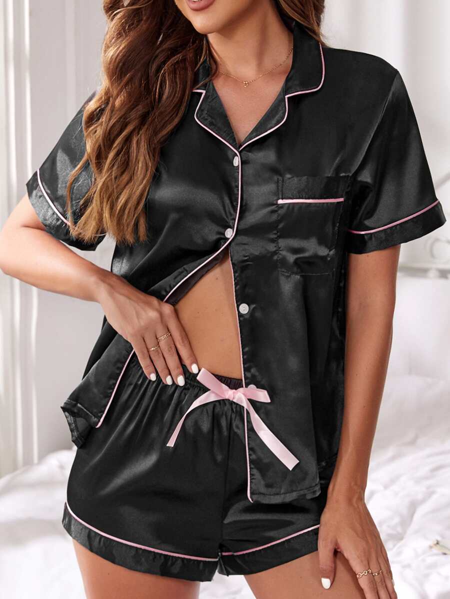 Snug Zone Contrast Piping Blouse & Bow Front Shorts PJ Set / Pajama Set Bow Tie - Black - View 1