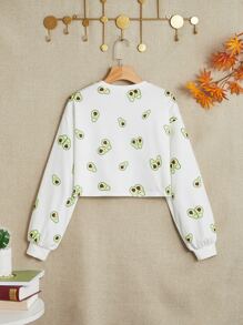 SHEIN Leap Crew Teen Girls Drop Shoulder Avocado Print Pullover,In Fall/Winter - White - View 2