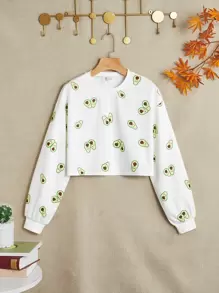 SHEIN Leap Crew Teen Girls Drop Shoulder Avocado Print Pullover,In Fall/Winter - White - View 4