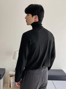 DAZY Hombres Camiseta unicolor de cuello cisne - Negro - Ver 2