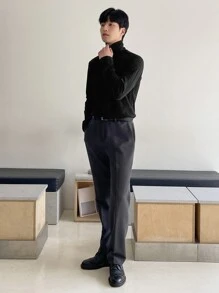 DAZY Hombres Camiseta unicolor de cuello cisne - Negro - Ver 4