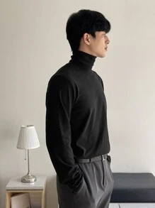 DAZY Hombres Camiseta unicolor de cuello cisne - Negro - Ver 5