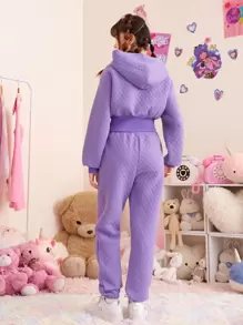 SHEIN Teen Girls Letter Patched Hoodie & Slant Pocket Sweatpants - Lilac Purple - View 3