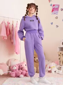 SHEIN Teen Girls Letter Patched Hoodie & Slant Pocket Sweatpants - Lilac Purple - View 4