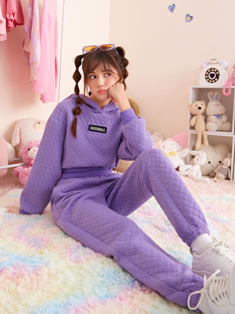 Teen Girls Letter Patched Hoodie & Slant Pocket Sweatpants