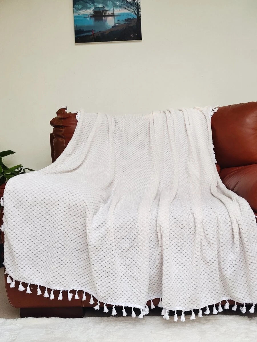 1pc Plain Pom Pom Decor Throw Blanket - White - View 1