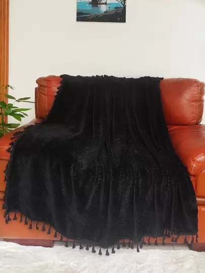 1pc Plain Pom Pom Decor Throw Blanket