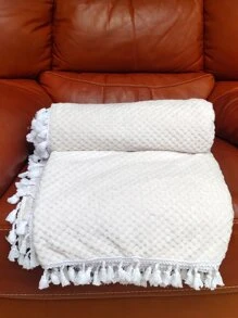 1pc Plain Pom Pom Decor Throw Blanket - White - View 3
