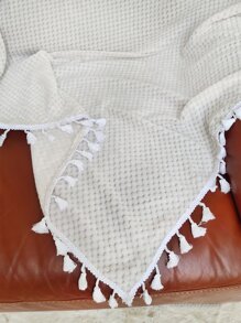 1pc Plain Pom Pom Decor Throw Blanket - White - View 4